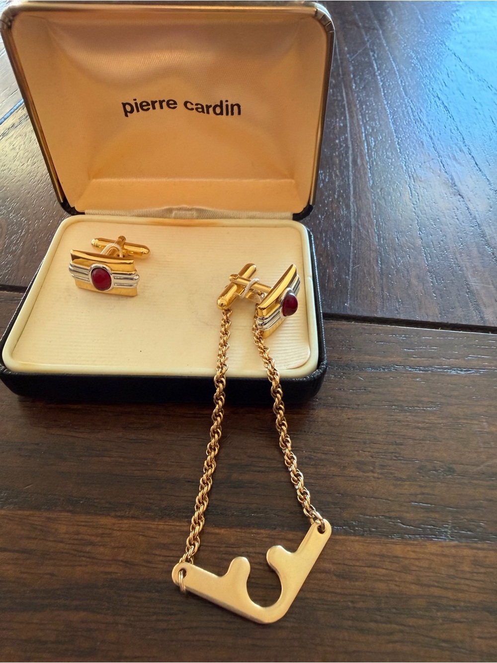 Pierre Cardin Vintage Cufflinks and Tie Chain Set Gold Silver Red Cabochon Box